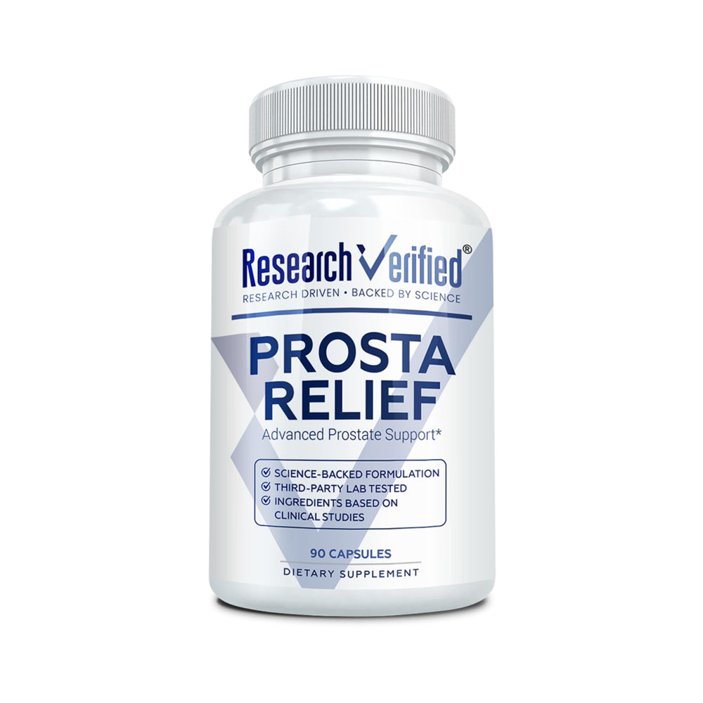 Research Verified Prosta Relief bottle showing Saw Palmetto for prostate support and daily wellness.