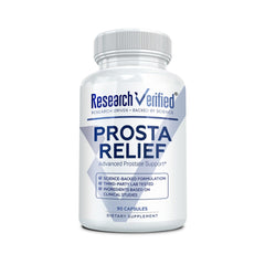Research Verified Prosta Relief bottle showing Saw Palmetto for prostate support and daily wellness.