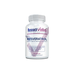 Research Verified Resveratrol bottle front with 60 capsules for daily wellness support.