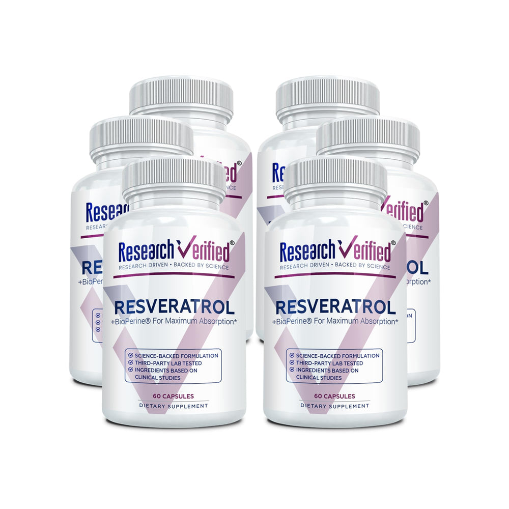 Research Verified Resveratrol bottle front view with premium packaging and anti-aging potential.