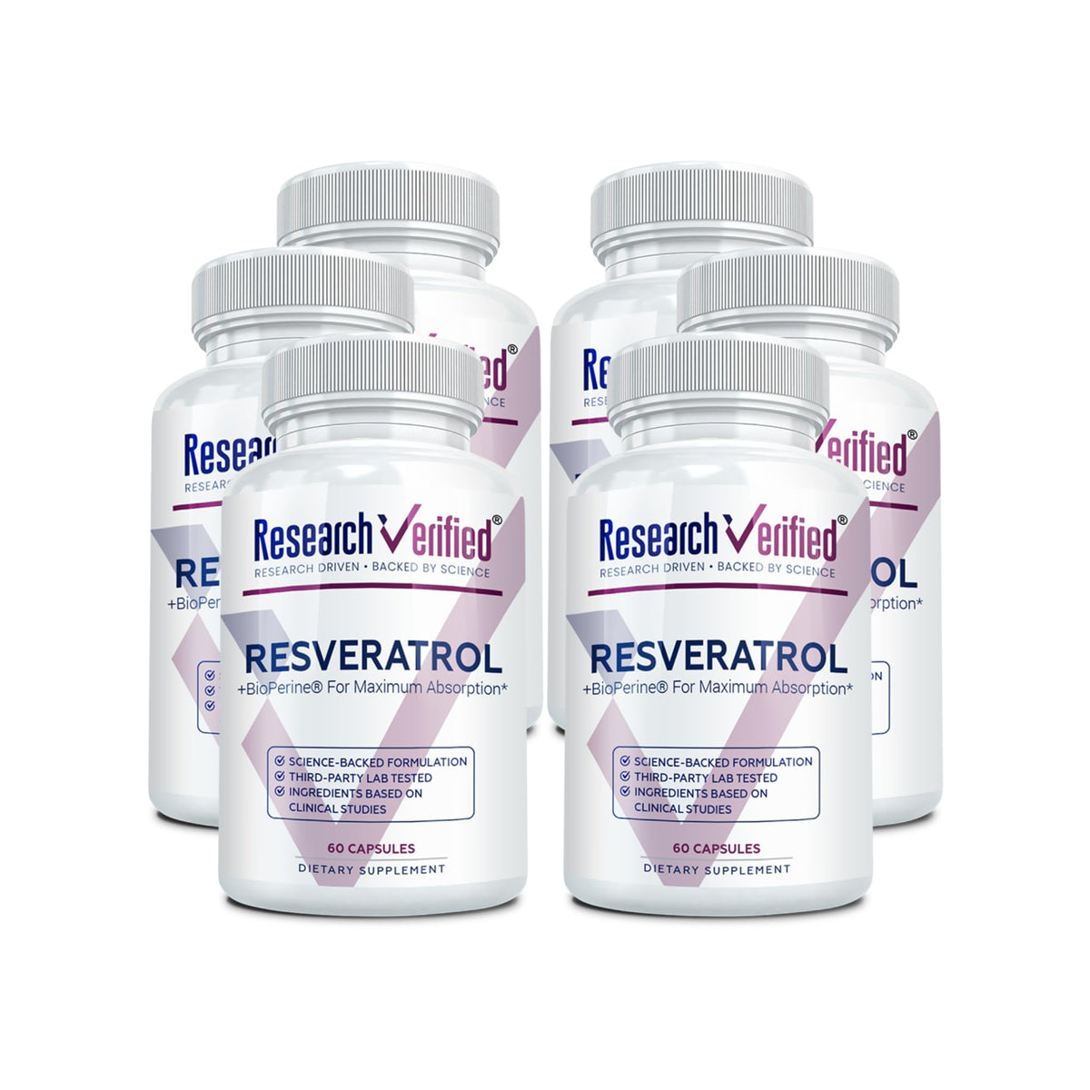 Research Verified Resveratrol bottle front view with premium packaging and anti-aging potential.