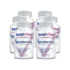 Research Verified Resveratrol bottle front view with premium packaging and anti-aging potential.