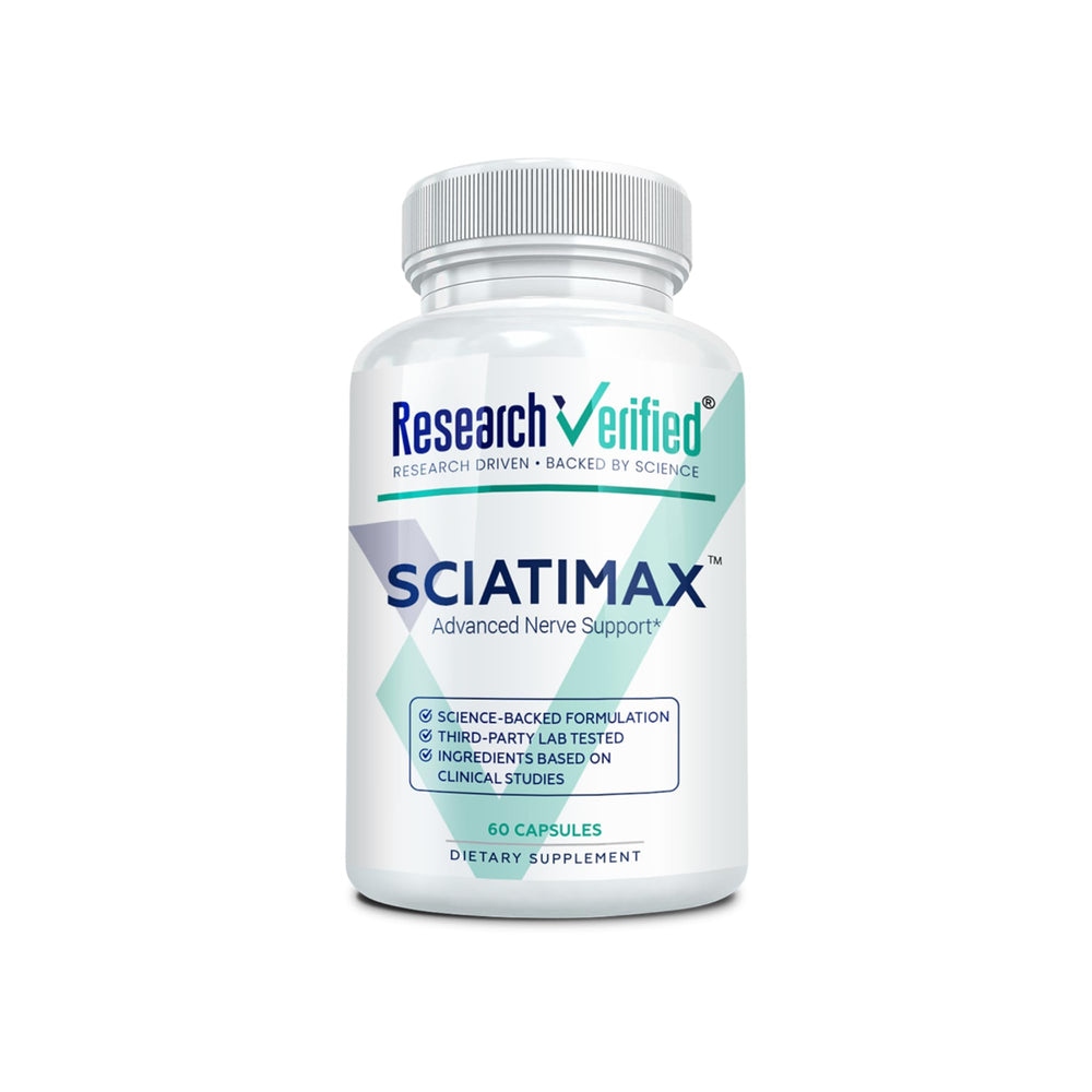 Research Verified Sciatimax bottle highlighting the VitB-X blend for nerve support