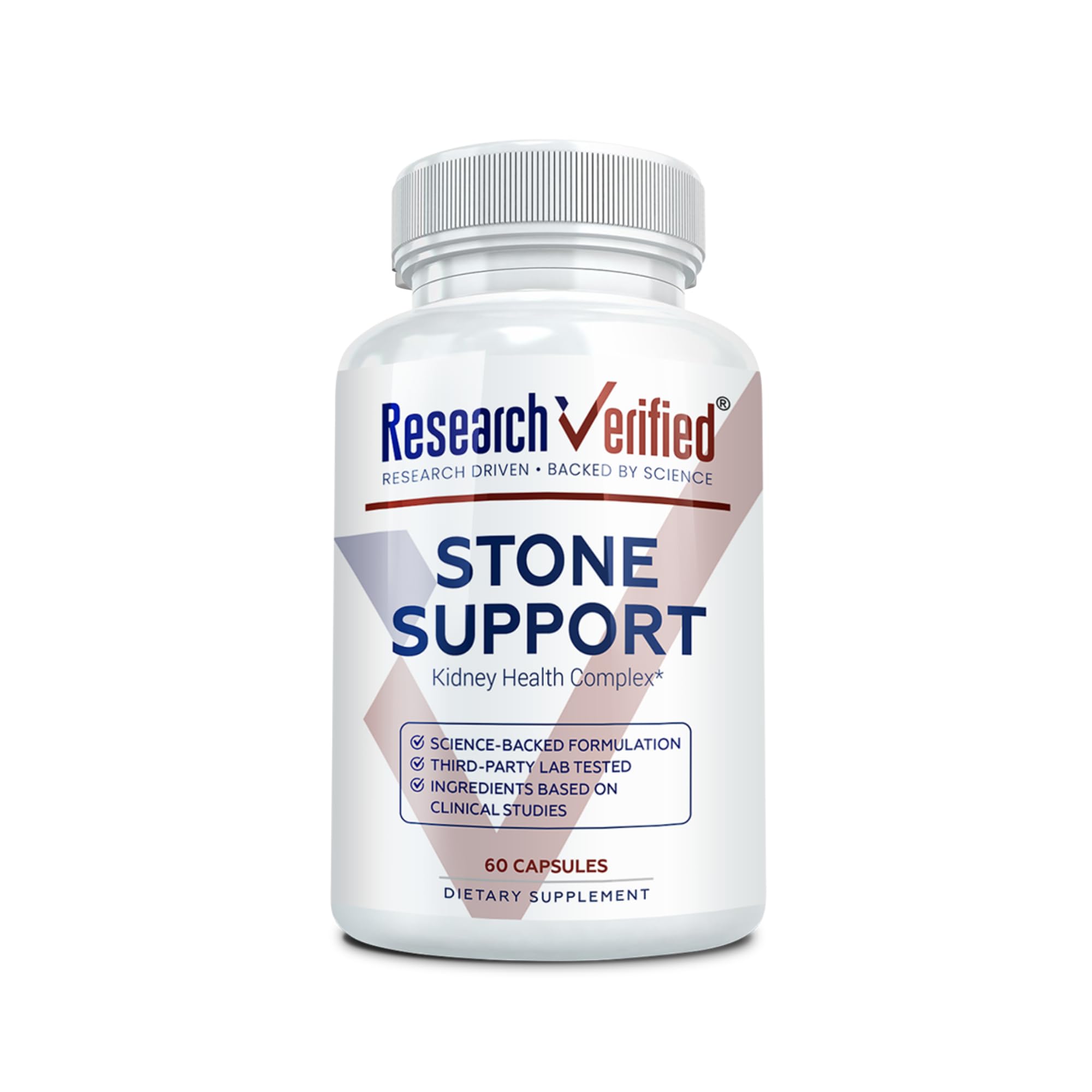 Research Verified Stone Support bottle front showcasing capsules for kidney health support