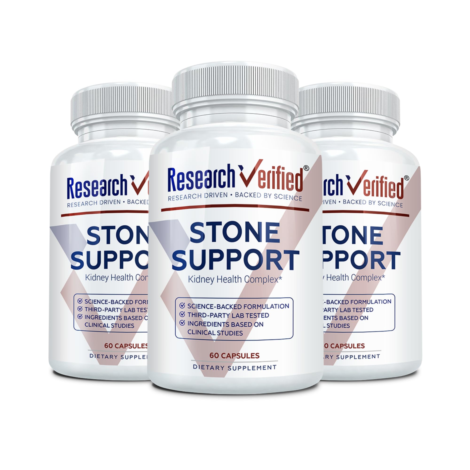 Research Verified Stone Support bottle packaging highlighting vegan formula for stone management