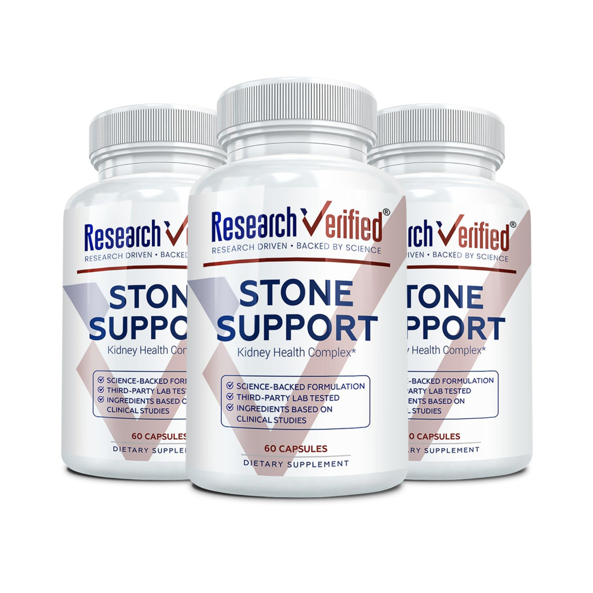Research Verified Stone Support bottle packaging highlighting vegan formula for stone management