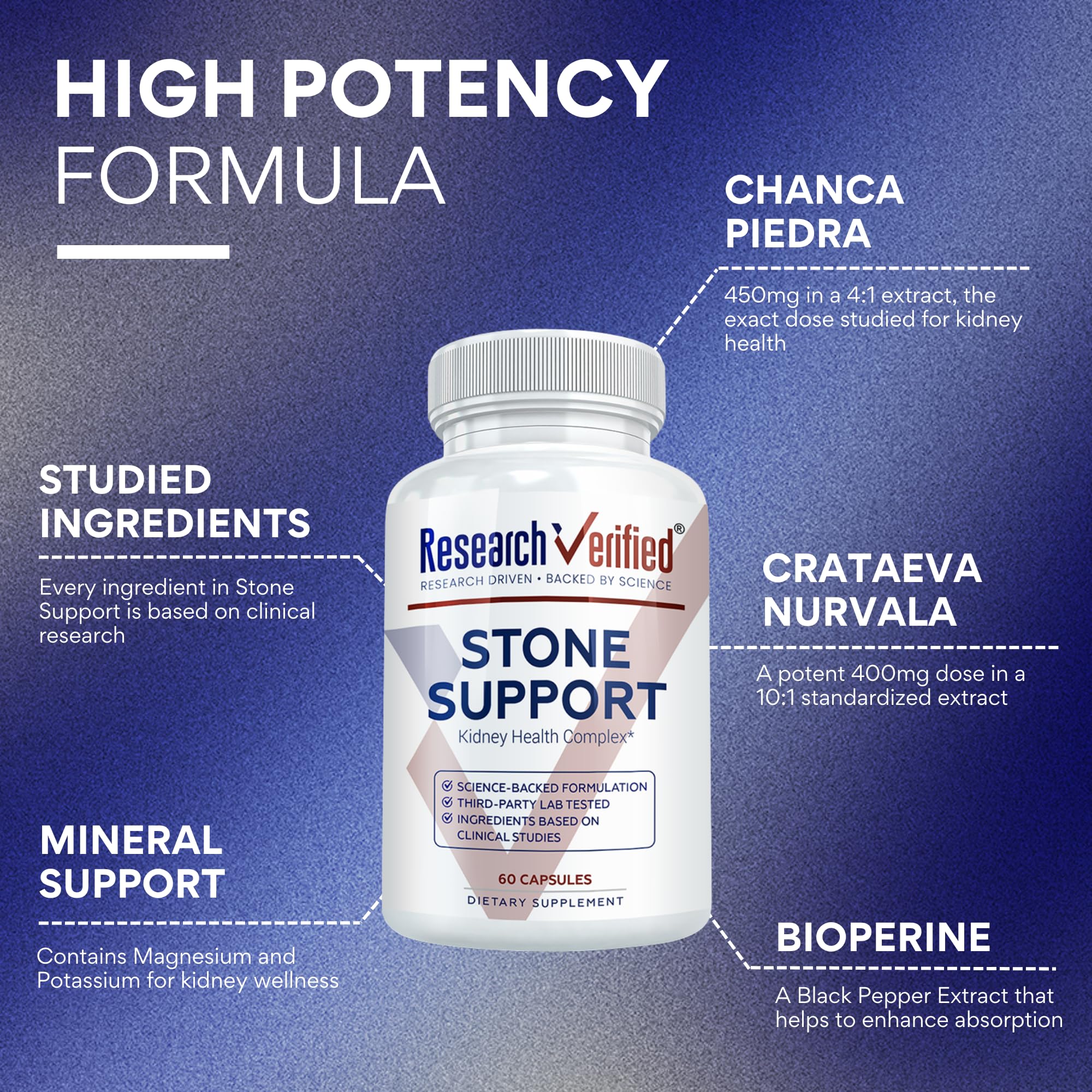 Research Verified Stone Support label closeup detailing vegan formula for plant-based wellness