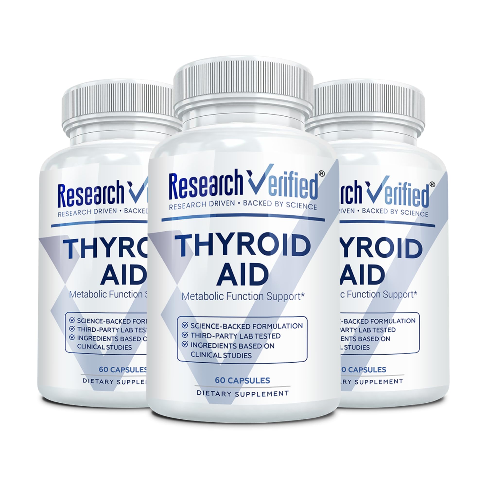 Research Verified Thyroid Aid bottle front with clear label for reliable thyroid support.