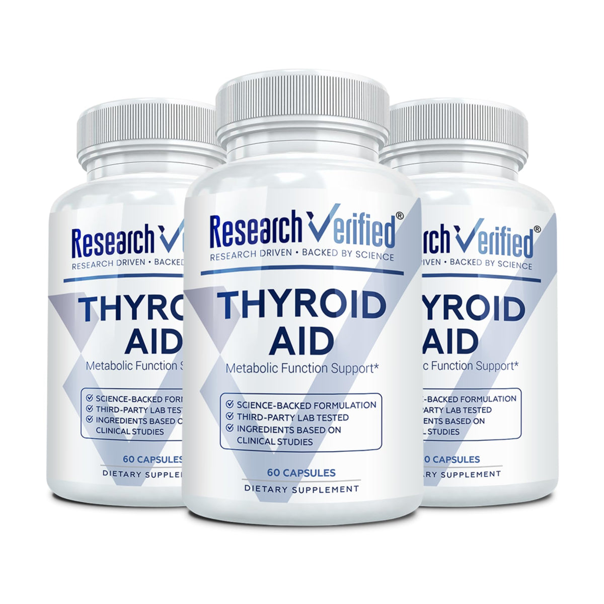 Research Verified Thyroid Aid bottle front with clear label for reliable thyroid support.