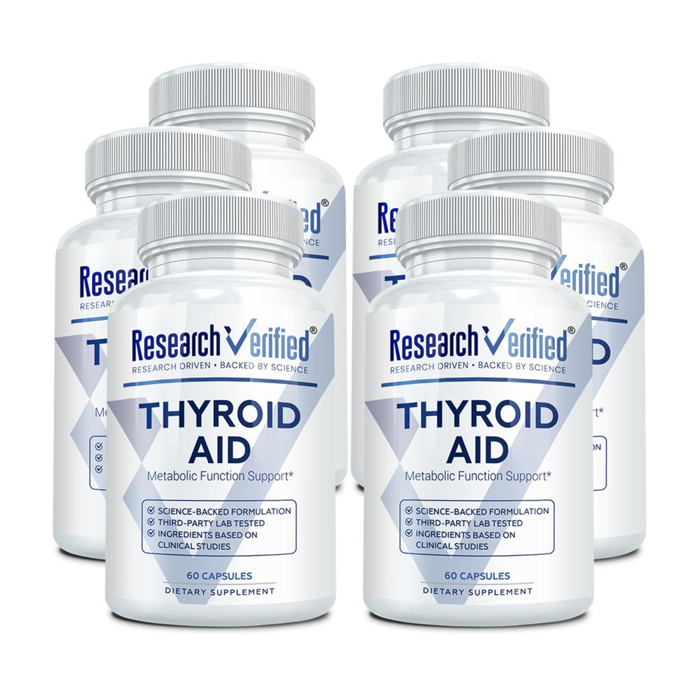 Research Verified Thyroid Aid bottle front view with vegan capsules for daily thyroid support.