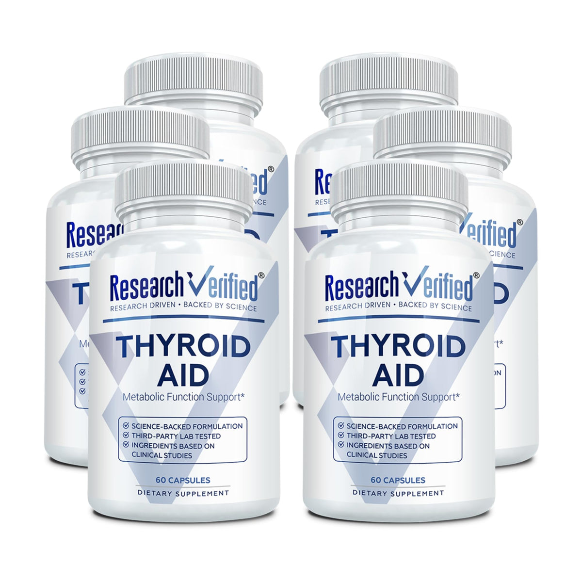 Research Verified Thyroid Aid bottle front view with vegan capsules for daily thyroid support.