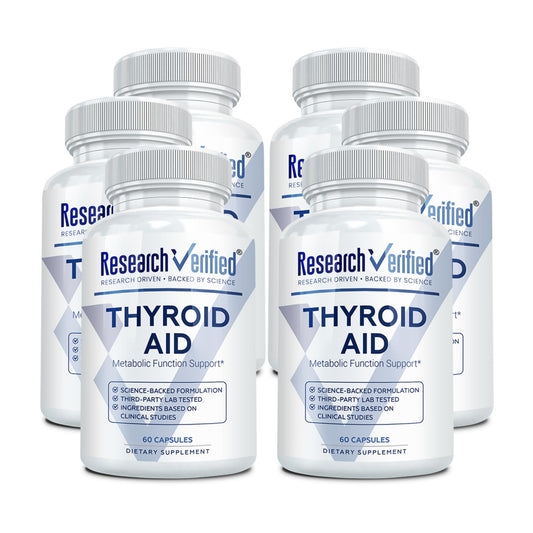 Research Verified Thyroid Aid bottle front view with vegan capsules for daily thyroid support.