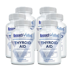 Research Verified Thyroid Aid bottle front view with vegan capsules for daily thyroid support.