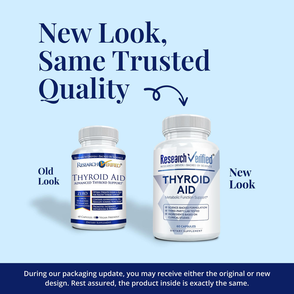Close-up of Research Verified Thyroid Aid capsules showing small, easy-to-swallow form.
