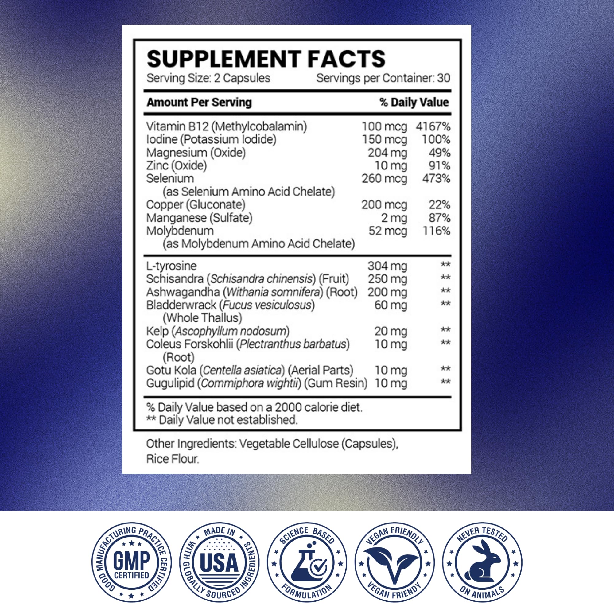 Close-up of Research Verified Thyroid Aid label showing iodine, copper and zinc values.