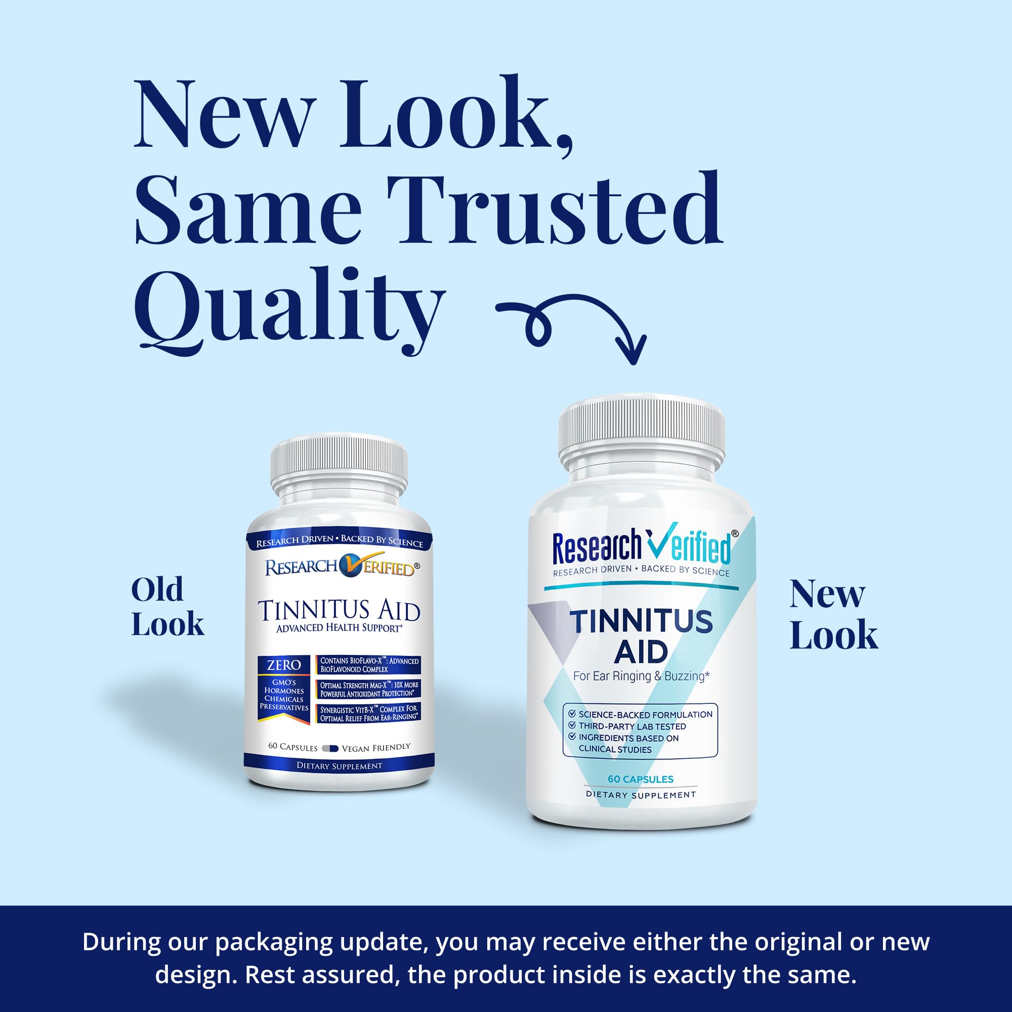 Research Verified Tinnitus Aid bottle back with dosage and ingredients