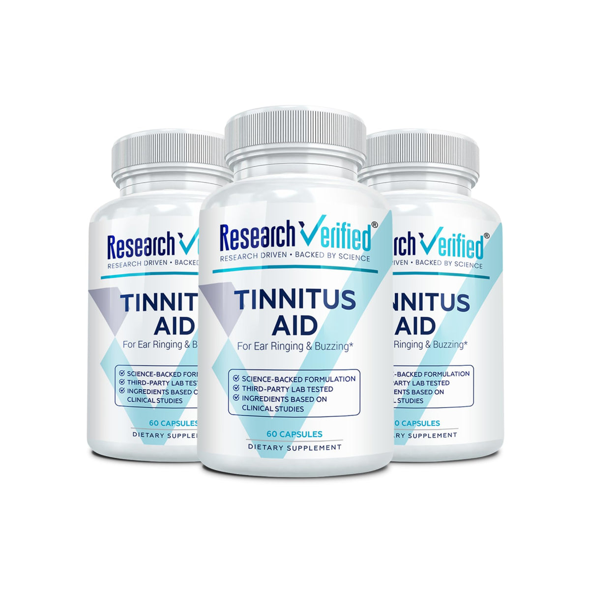 Research Verified Tinnitus Aid bottle front showing vegan USA-made formula