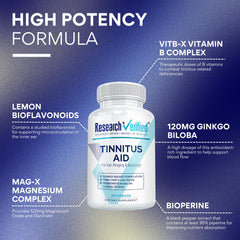 Research Verified Tinnitus Aid label close-up highlighting vegan and non-GMO status