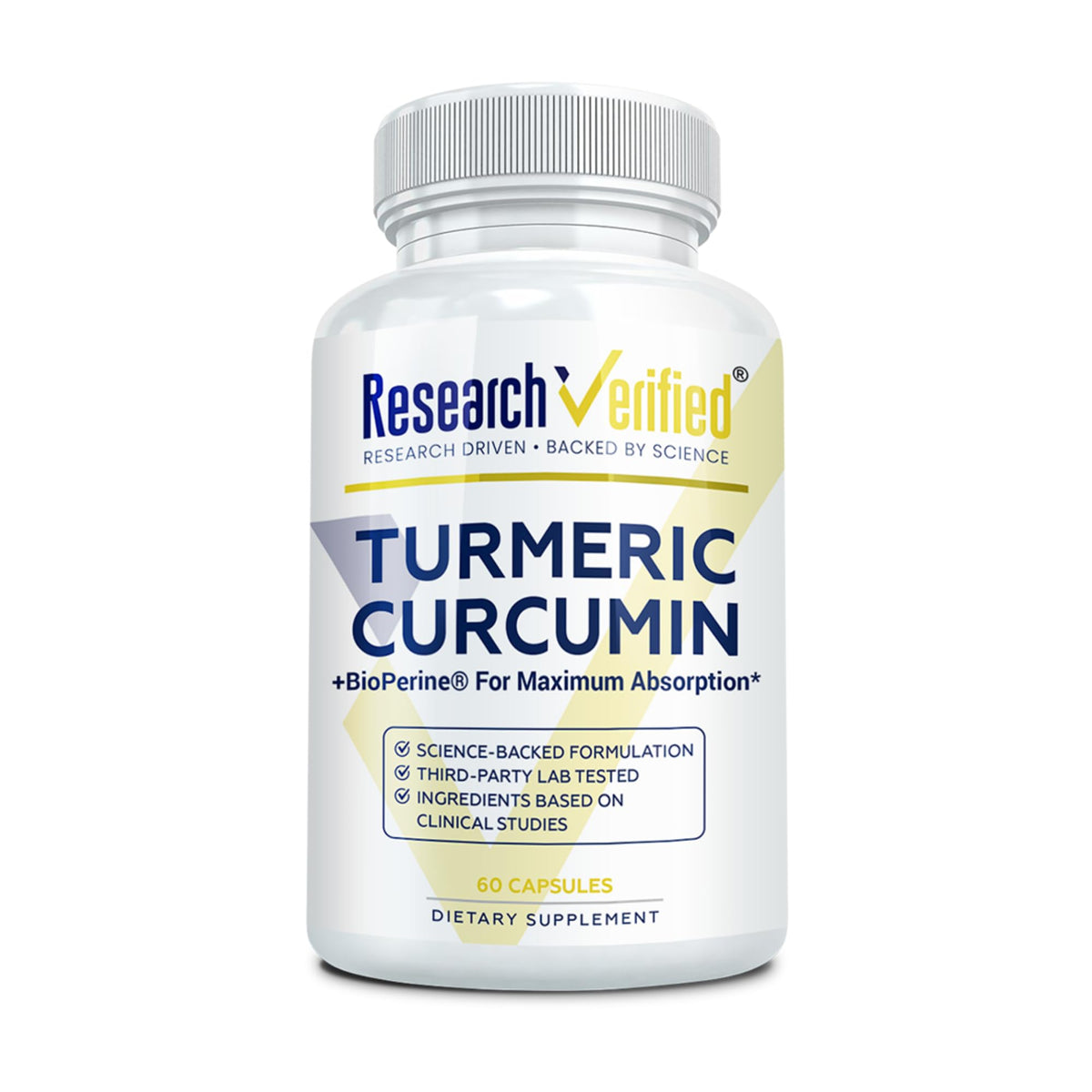 Research Verified Turmeric Curcumin bottle with vegan capsules for daily wellness.