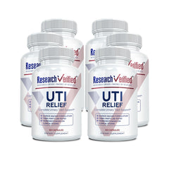 Research Verified UTI Relief bottle front with vegan capsules for urinary support.