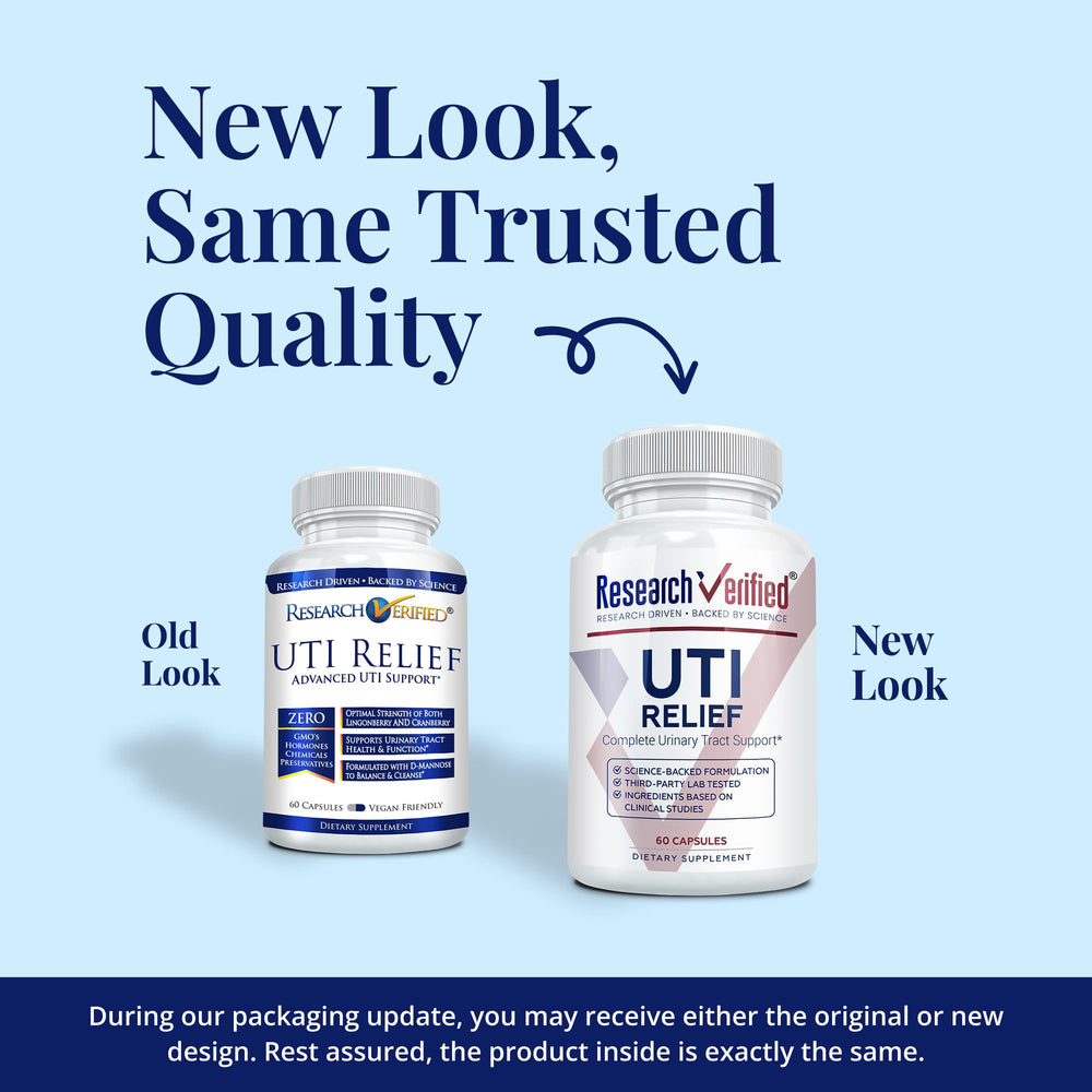 Research Verified UTI Relief capsules close-up highlighting natural ingredients and easy daily use.