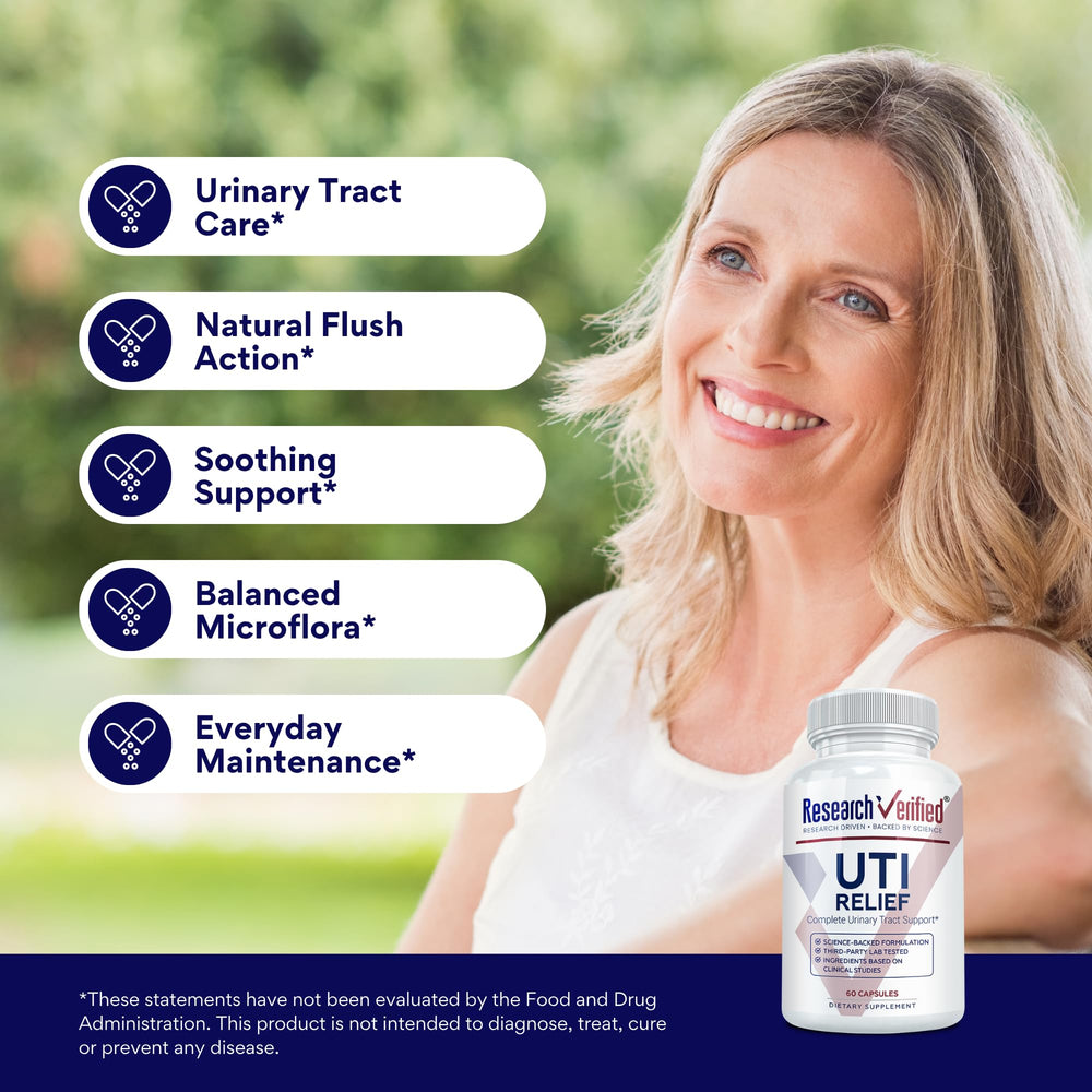 Research Verified UTI Relief cranberry visual emphasizes fruit-based support for urinary health.