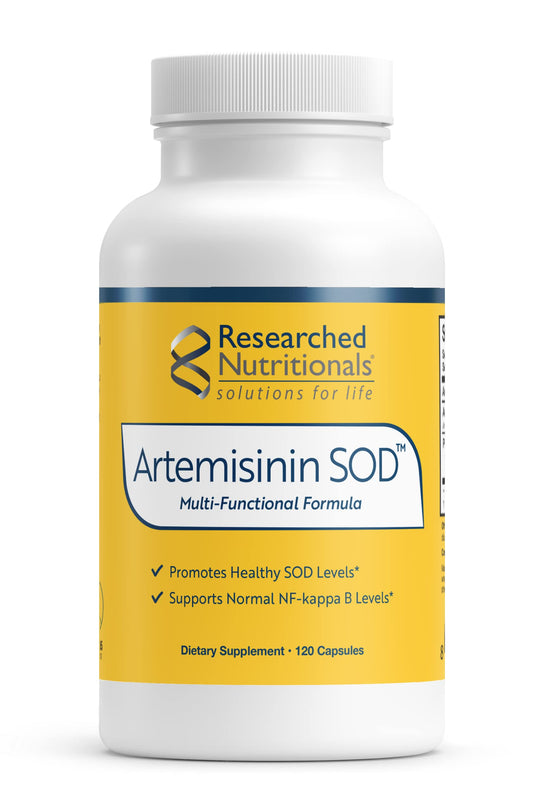 Researched Nutritionals Artemisinin SOD bottle pour supports simple daily dosing for potential immune support.