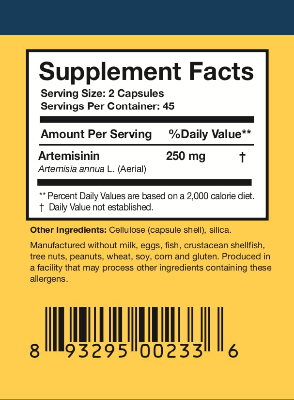 The Researched Nutritionals Artemisinin Solo label highlights vegan, non-GMO ingredients.