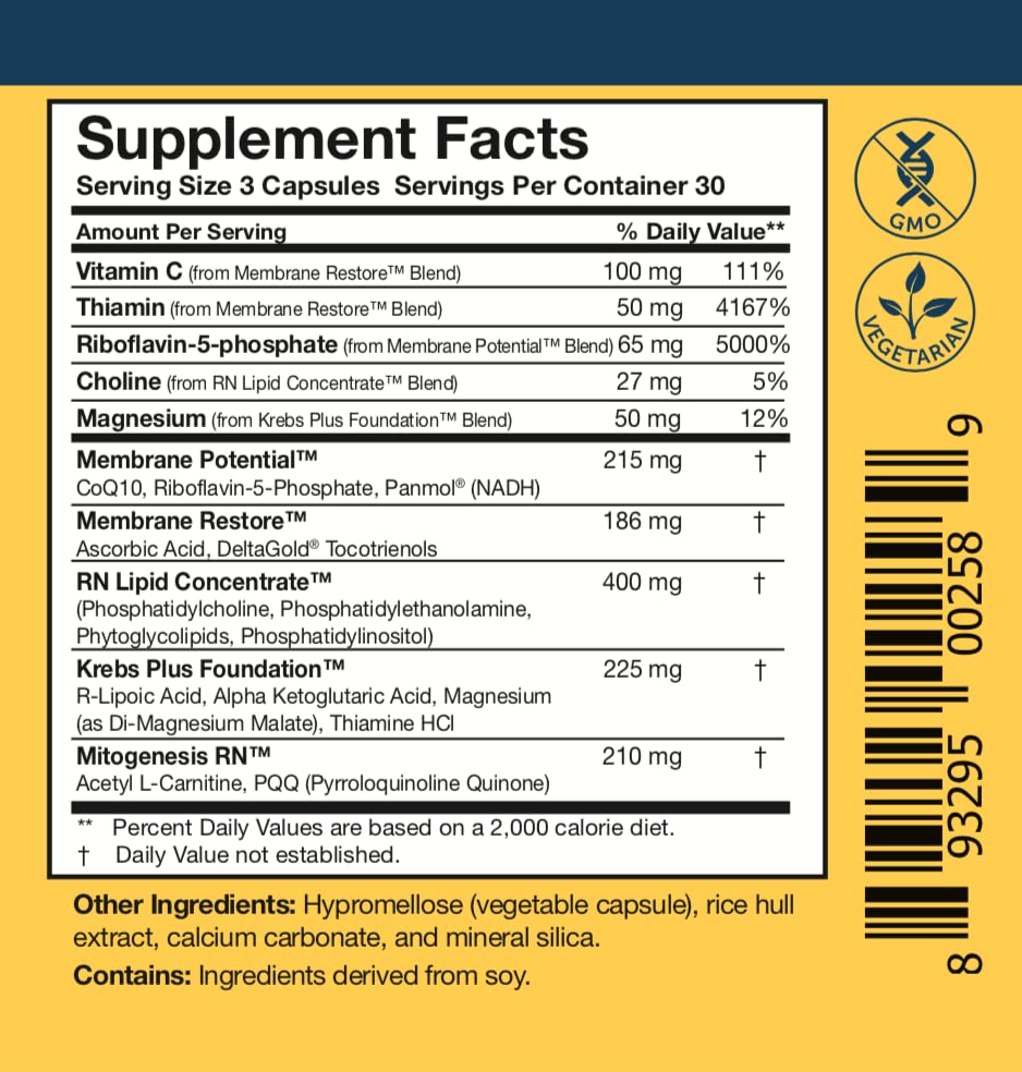 Researched Nutritionals ATP-360 closeup label highlighting mitochondrial support ingredients.