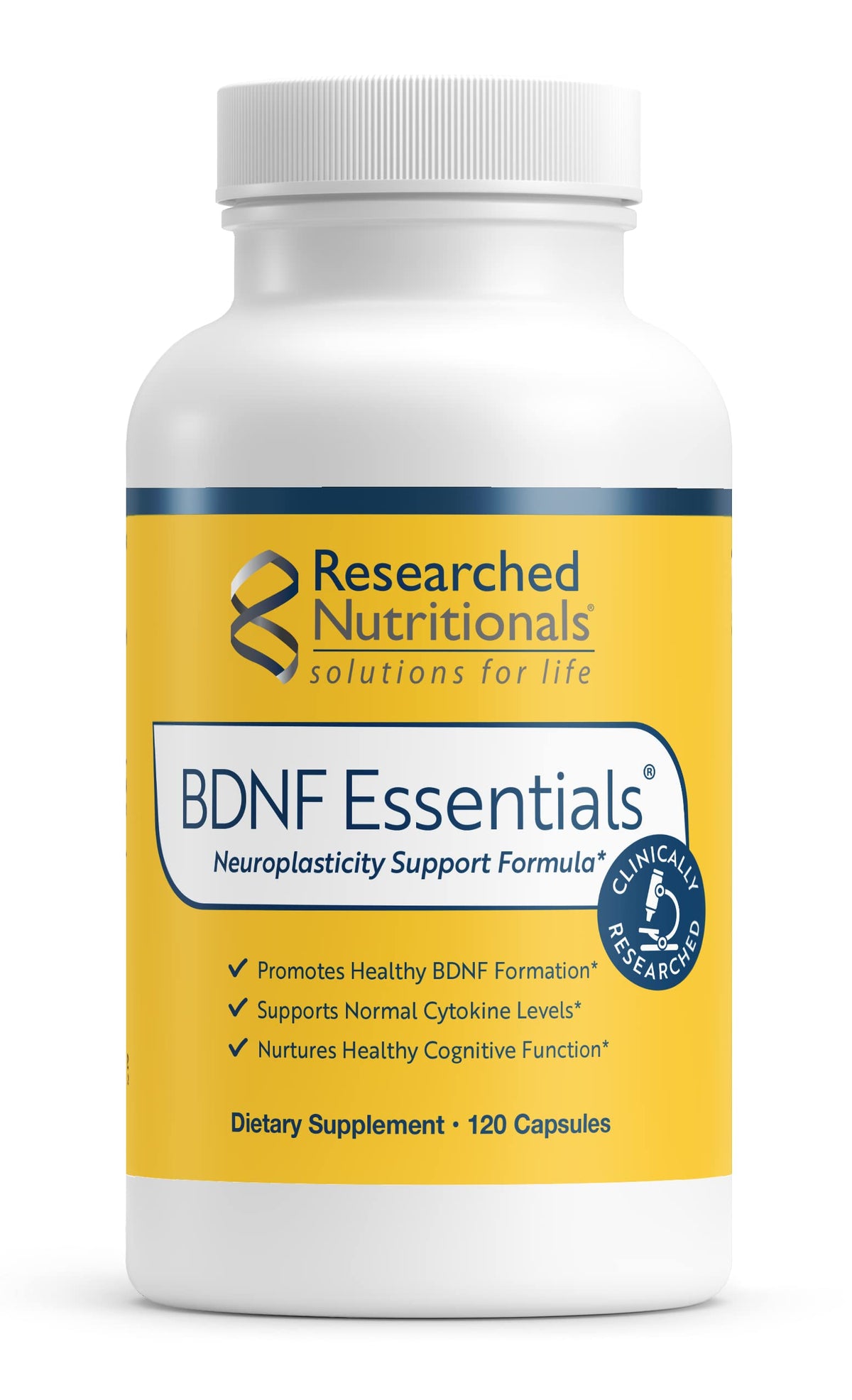 Researched Nutritionals BDNF Essentials bottle for cognitive support.