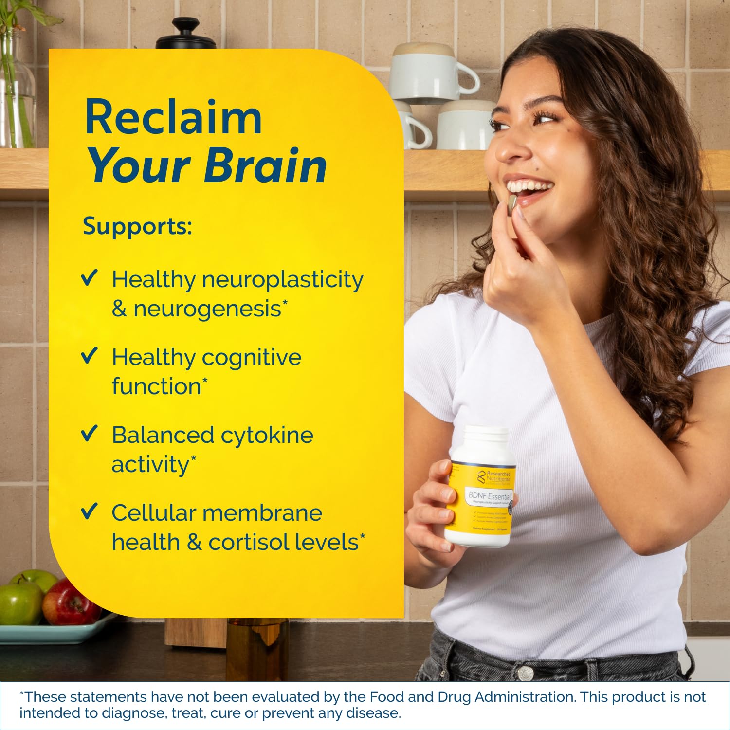 Researched Nutritionals BDNF Essentials capsules close-up for daily focus.