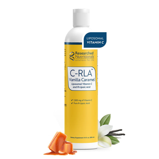Researched Nutritionals C-RLA bottle shown for liposomal vitamin C delivery with R-Lipoic Acid.