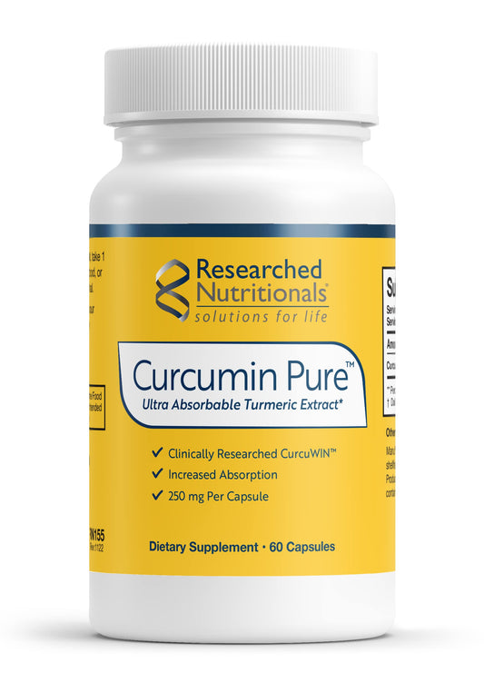 Researched Nutritionals Curcumin Pure bottle with capsules, highlighting the ultra-absorbable formula