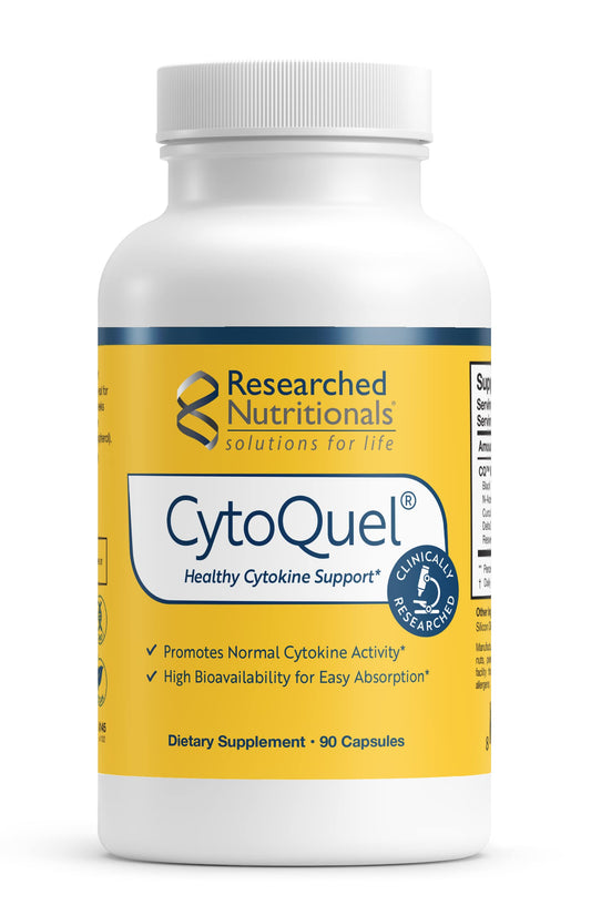 Researched Nutritionals CytoQuel bottle front highlights vegan cytokine support for balanced immune signaling.