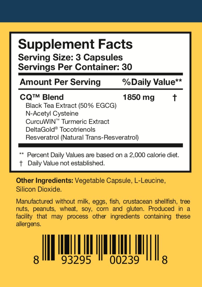 Serving tip shows three capsules daily with a meal.