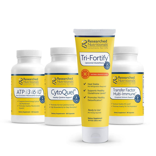 Researched Nutritionals Tri-Fortify liposomal glutathione bottle with study-backed absorption potential.