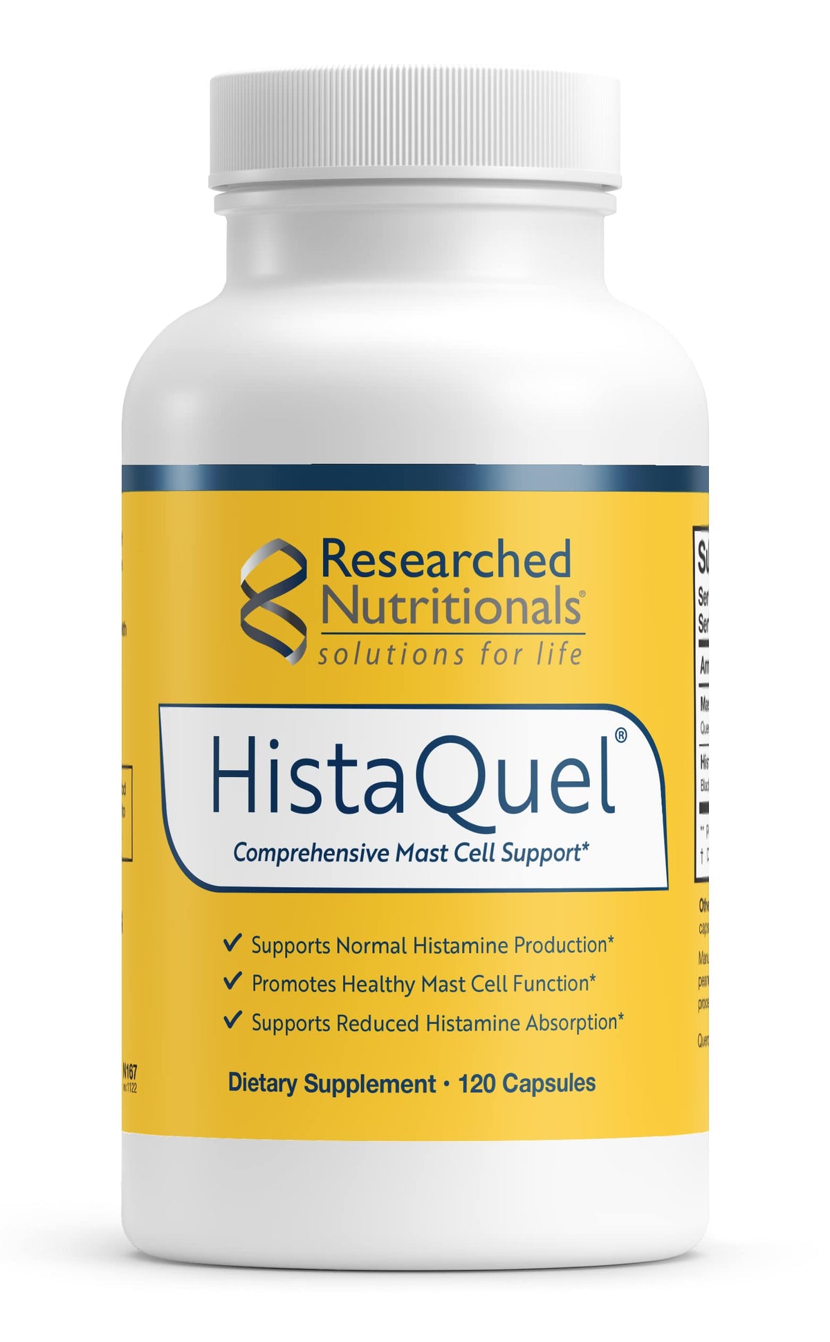 Researched Nutritionals HistaQuel bottle signaling dual-action histamine support