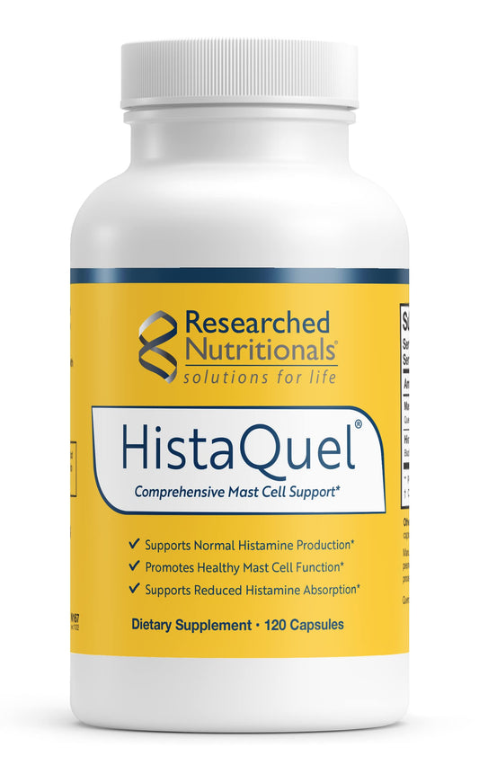 Researched Nutritionals HistaQuel bottle signaling dual-action histamine support
