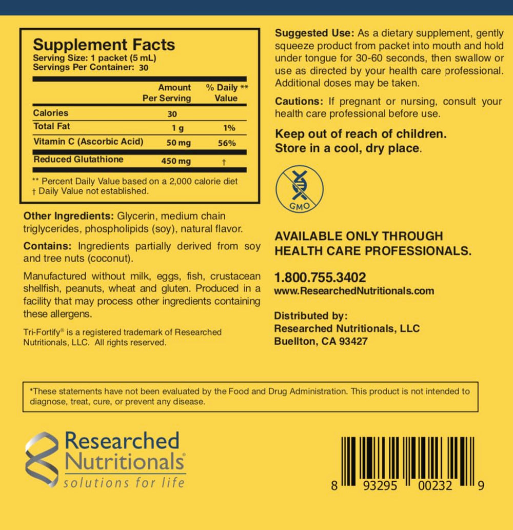 Researched Nutritionals Liposomal Glutathione Watermelon bottle on countertop for daily routine.