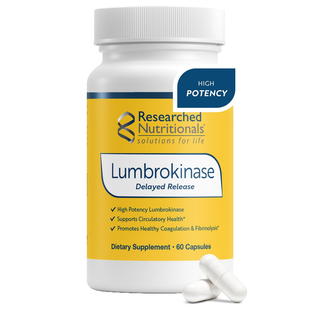 Researched Nutritionals Lumbrokinase bottle on a clean counter signals circulatory support potential.