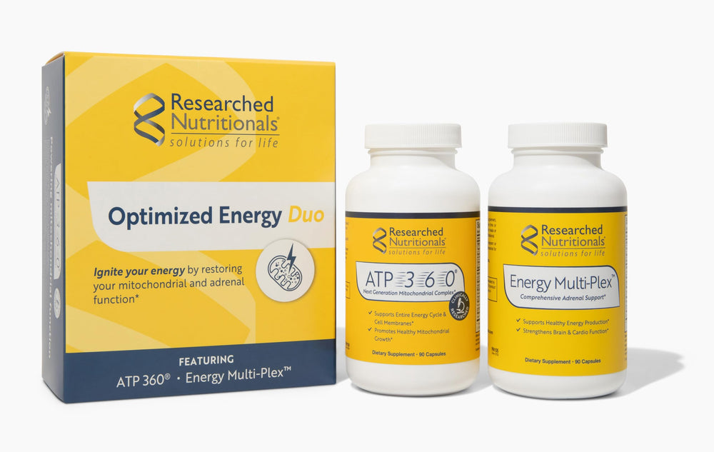 Researched Nutritionals Optimized Energy Duo bottle back showing ingredients and directions.
