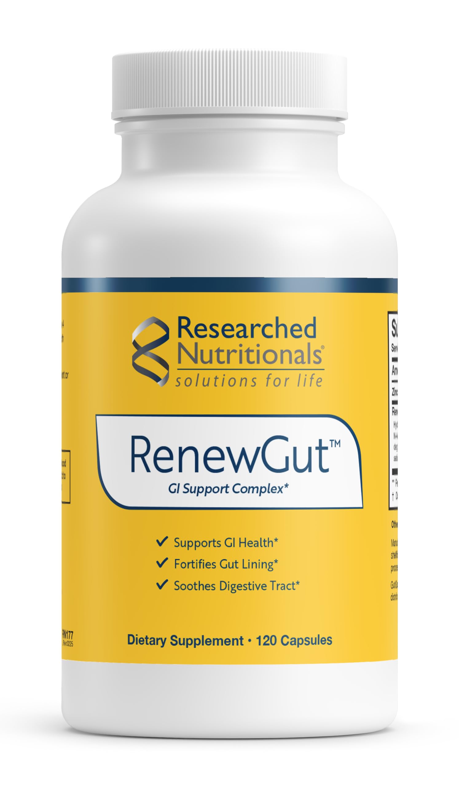 Researched Nutritionals RenewGut bottle label promotes gut support.