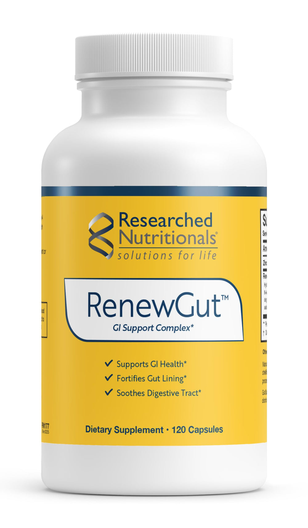 Researched Nutritionals RenewGut bottle label promotes gut support.