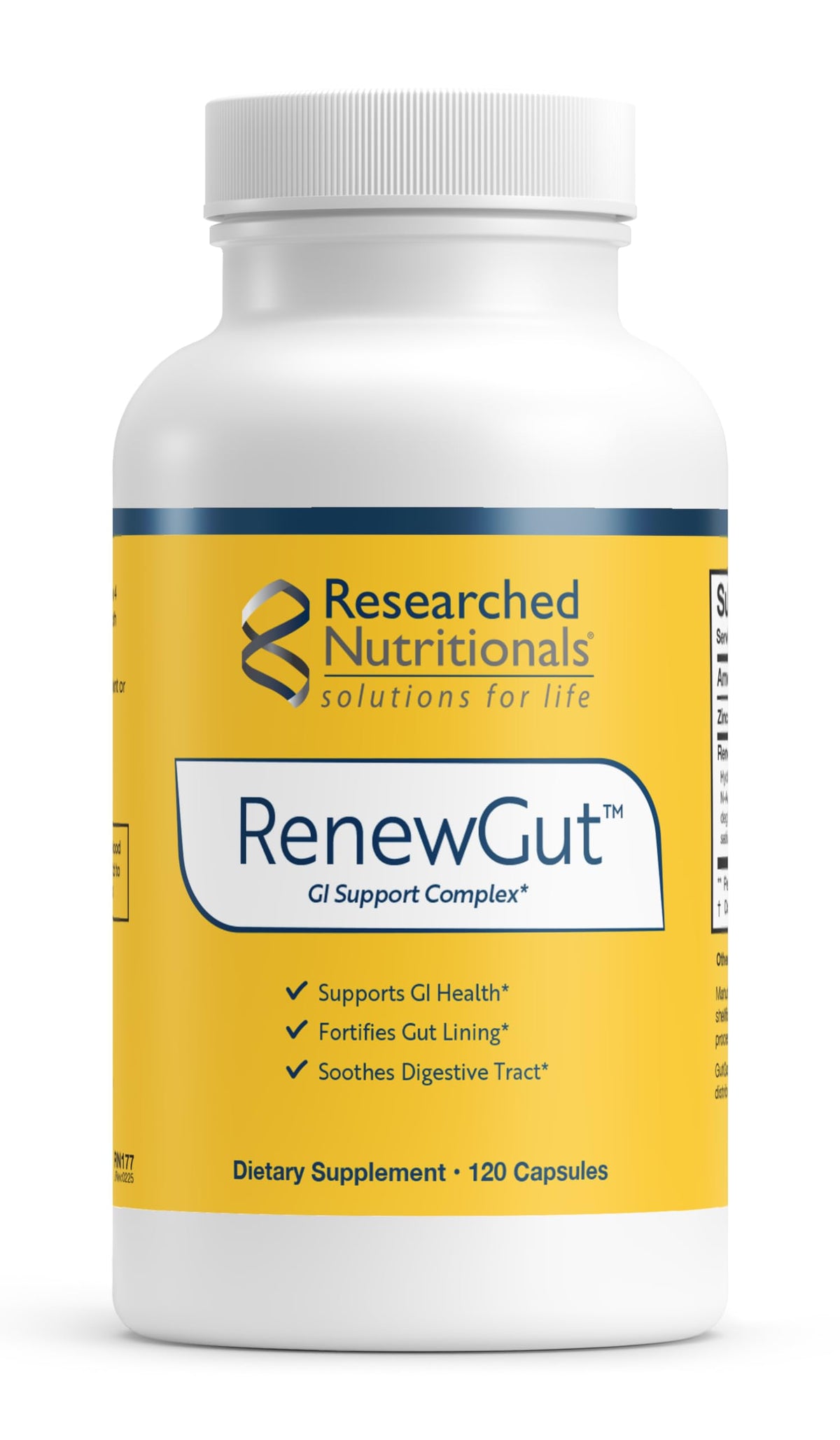 Researched Nutritionals RenewGut bottle label promotes gut support.