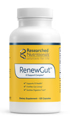 Researched Nutritionals RenewGut bottle label promotes gut support.