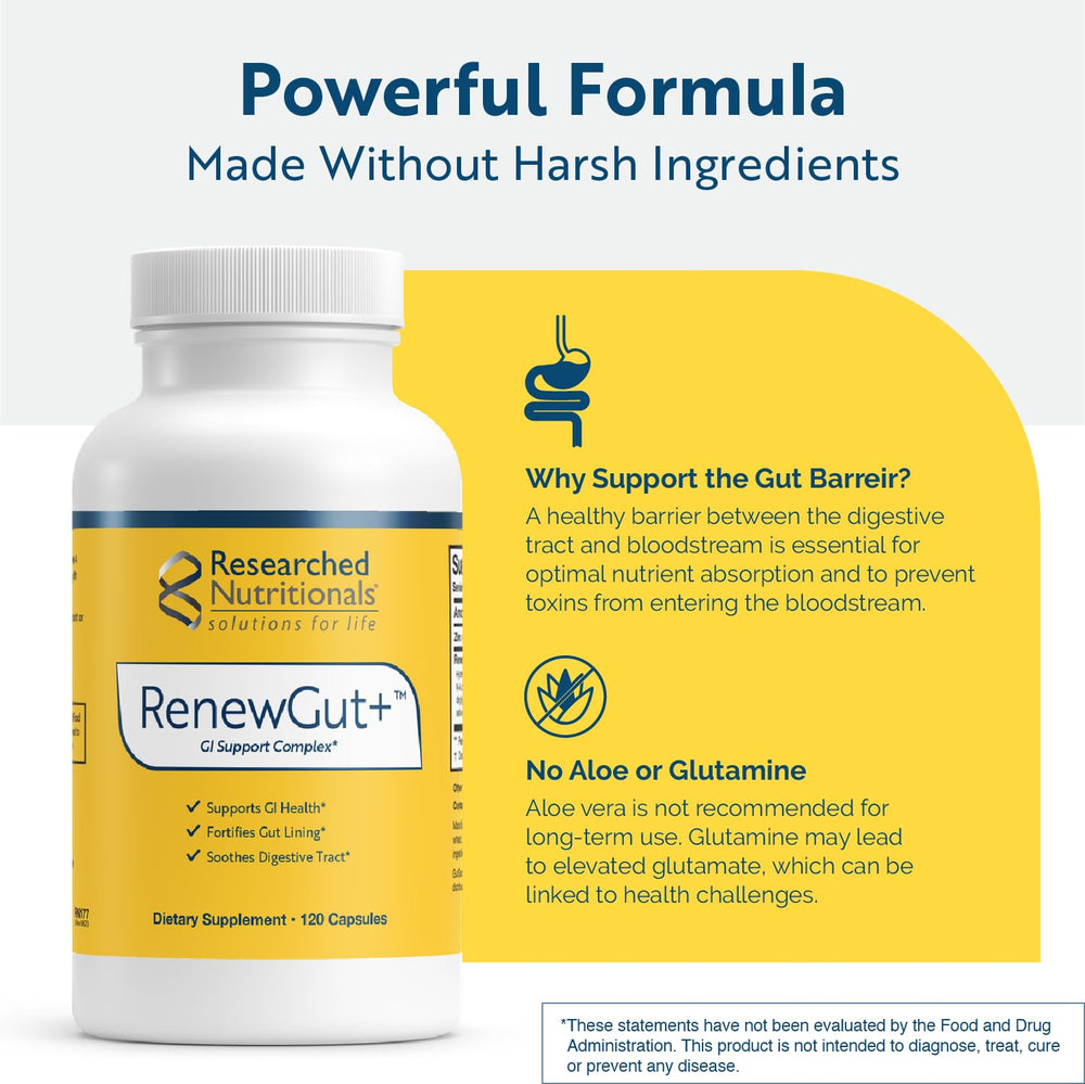 Researched Nutritionals RenewGut hydrolyzed collagen closeup supports gut lining.