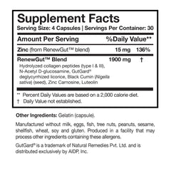 Researched Nutritionals RenewGut label shows n-acetyl glucosamine for gut health.