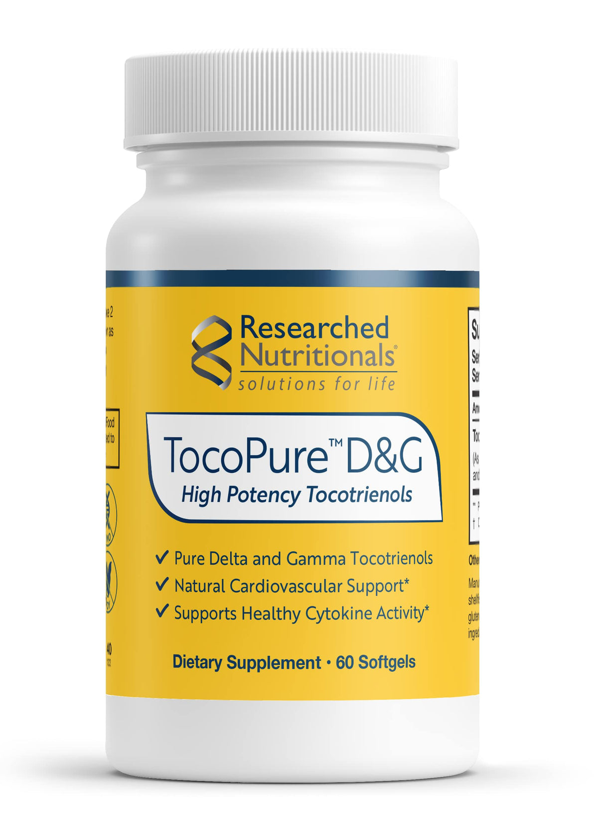 Researched Nutritionals TocoPure D&G bottle front highlights gamma and delta tocotrienols for heart and cellular support.