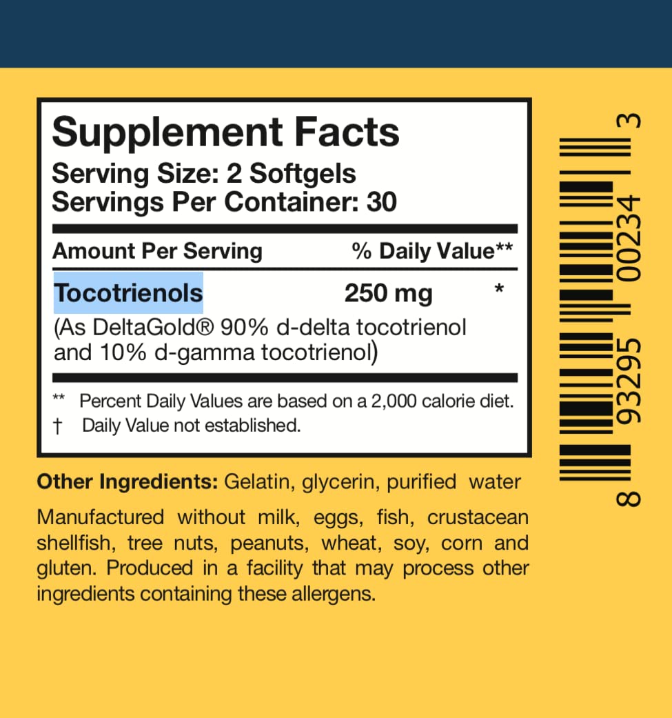 Annatto-sourced tocotrienol label close-up emphasizing non-GMO and allergen transparency.