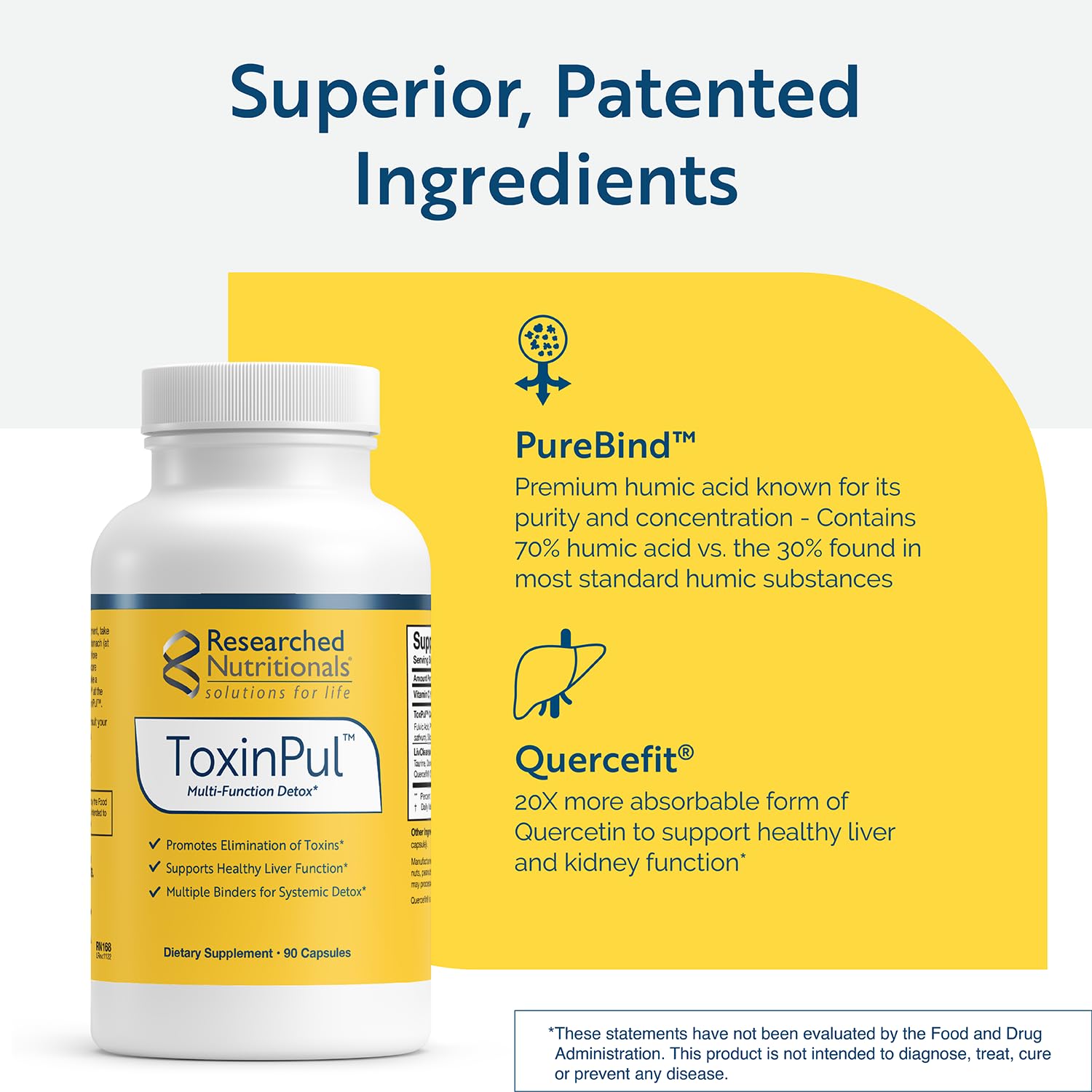Researched Nutritionals ToxinPul ingredient-graphics highlight humic acid, fulvic acid, and chlorella.